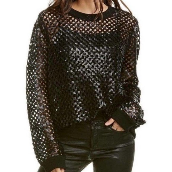 Tory Burch Lansing Sequined Plaid Mesh Sweater - Picture 1 of 13
